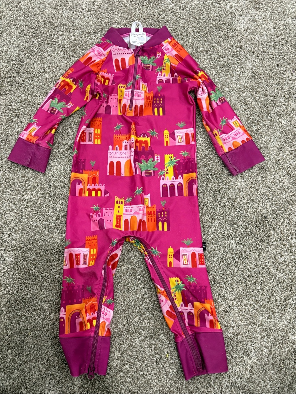 Honeysuckle SPF50 One-Piece Zippered Swimsuit - Magenta Castle Print